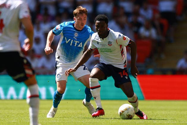 LONDON, ENGLAND - MAY 24: Jordi Osei-Tutu of Bolton Wanderers holds onto possession during the Sky Bet League One Play-Off Final match between Bolton Wanderers and Stockport County at Wembley Stadium on May 24, 2026 in London, England.  Copyright: xMBxMediax