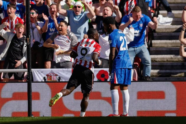 Sunderland v Chelsea, Premier League Brian Brobbey of Sunderland celebrates scoring his sides second goal of the match 2-0 during the Sunderland v Chelsea Premier League match at the Stadium of Light, Sunderland, England on 24 May 2026 Credit: Craig Cowan Every Second Media Editorial use only. All images are copyright Every Second Media Limited. No images may be reproduced without prior permission. All rights reserved. Premier League and Football League images are subject to licensing agreements with Football DataCo Limited. see https: www.football-dataco.com Copyright: xIMAGO EveryxSecondxMediax ESM-2012-0055 CraigxCowanx xEveryxSecondxMediax