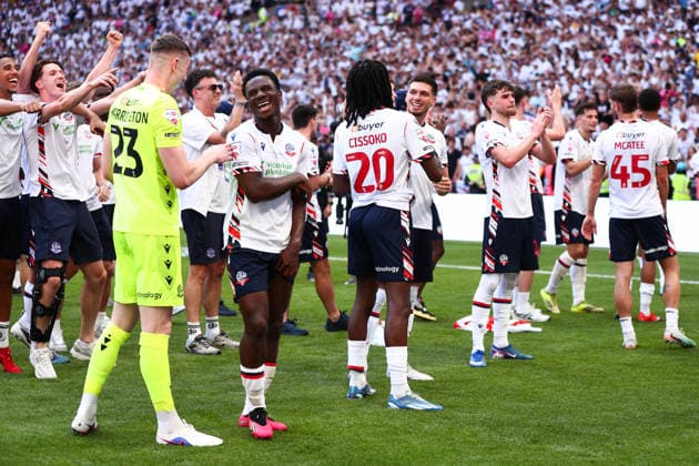 London, England, 24th May 2026. Bolton Wanderers players celebrate victory during the Bolton Wanderers vs Stockport County Sky Bet League 1 play off final match at Wembley Stadium, London. Picture credit should read: Jake Youle Sportimage EDITORIAL USE ONLY. No use with unauthorised audio, video, data, fixture lists, club league logos or live services. Online in-match use limited to 120 images, no video emulation. No use in betting, games or single club league player publications. SPI_020_JY_Stockport_County_Bolton_Wanderers SPI-4821-0020