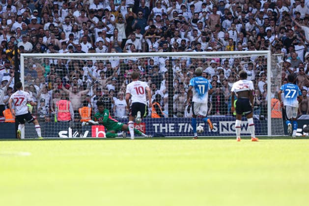 London, England, 24th May 2026. Ruben Rodrigues of Bolton Wanderers scores the fifth goal during the Bolton Wanderers vs Stockport County Sky Bet League 1 play off final match at Wembley Stadium, London. Picture credit should read: Jake Youle Sportimage EDITORIAL USE ONLY. No use with unauthorised audio, video, data, fixture lists, club league logos or live services. Online in-match use limited to 120 images, no video emulation. No use in betting, games or single club league player publications. SPI_035_JY_Stockport_County_Bolton_Wanderers SPI-4821-0035