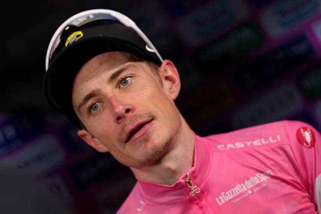 The pink jersey Denmark™s Jonas Vingegaard Hansen of Team Visma Lease A Bike celebrate on the podium after the Stage 15 of the Giro d™Italia, from Voghera to Milano, Italy, Sunday, May 24, 2026.  Copyright: xGianxMattiaxD Alberto LaPressex