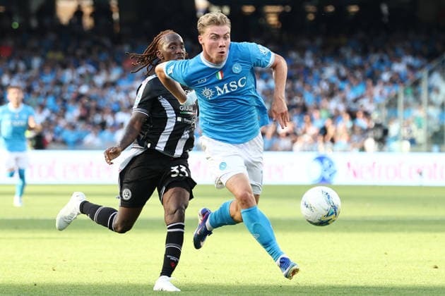 Jordan Zemura of Udinese Calcio and Rasmus Hojlund of SSC Napoli during the Serie A 2025 2026 football match between SSC Napoli and Udinese Calcio at Diego Armando Maradona stadium in Naples (Italy), May 24, 2026. cesarexpurini