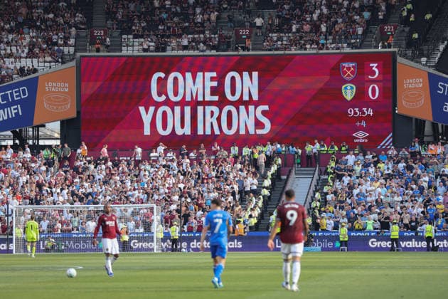 LONDON, ENGLAND, MAY 24: Scoreboard displays 3-0 to West Ham during the FA Cup match between West Ham United and Leeds United at London Stadium on May 24th, 2026 in London, England (Photo by Alexander Canillas Sports Press Photo) Copyright: xAlexanderxCanillas SPPx Sportspressphoto_154136