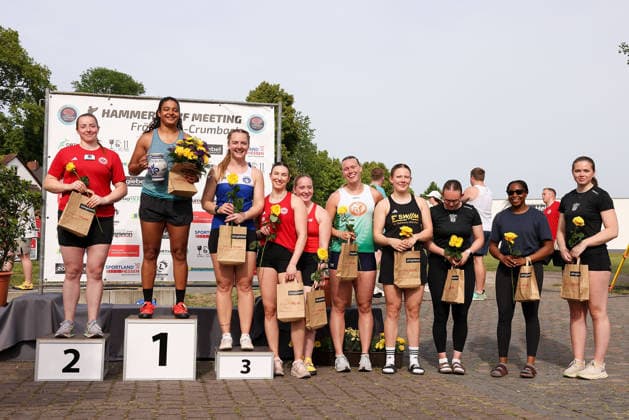 Fränkisch Crumbach on May 24, 2026 Hammer Throw Meeting in Fränkisch Crumbach , HAM Women, women A , age group from 2003 v l , Women A Podium, 2nd place BORUTTA,Samantha GER Eintracht Frankfurt, 1st place WEIR, Jilian CAN , 3rd place HALLERTH, Rebecka SWE Sweden Copyright: JoaquimxFerreira