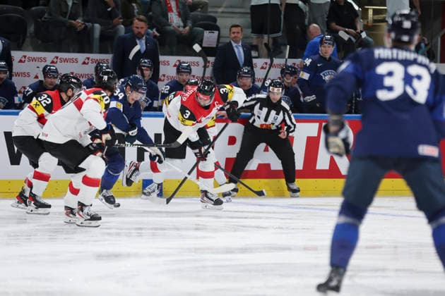 Ice hockey, Eishockey - IIHF WC 2026 ZURICH,SWITZERLAND,24.MAY.26 - ICE HOCKEY - IIHF Ice Hockey World Championship, WM, Weltmeisterschaft 2026, group stage, Austria vs Finland. Image shows Aatu Raty (FIN) and Peter Schneider (AUT).  GEPAxpictures xMaticxKlansek