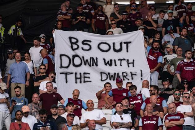 24th May 2026; London Stadium, London, England; Premier League Football, West Ham United versus Leeds United; Unhappy West Ham fans hold up a sign showing they want a change of ownership of the club GodfreyxPitt
