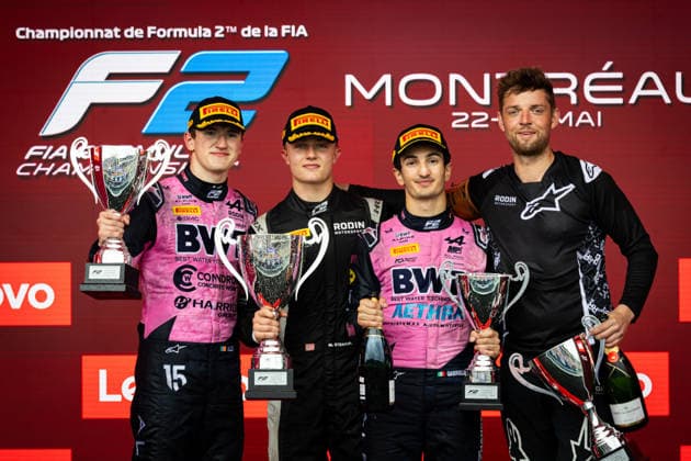 AUTO - FORMULA 2 2026 - MONTREAL STENSHORNE Martinus (nor), Rodin Motorsport, Dallara F2 2024, DUNNE Alex (irl), Rodin Motorsport, Dallara F2 2024, MINI Gabriele (ita), MP Motorsport, Dallara F2 2024, portrait, podium during the 3rd round of the 2026 FIA Formula 2 Championship from May 22 to 24, 2026 on the Circuit Gilles Villeneuve, in MontrÃ al, Canada - MontrÃ alCanada  Copyright: xDiederikxvanxderxLaanx