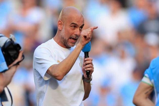 Manchester City v Aston Villa, Premier League Pep Guardiola the Manchester City manager addresses the crowd during the celebrations at the end of the Premier League match between Manchester City and Aston Villa at the Etihad Stadium, Manchester, UK on 24 May 2026. Manchester Etihad Stadium Manchester UK Editorial use only DataCo restrictions apply See www.football-dataco.com , Copyright: xConorxMolloyx PSI-24291-0072