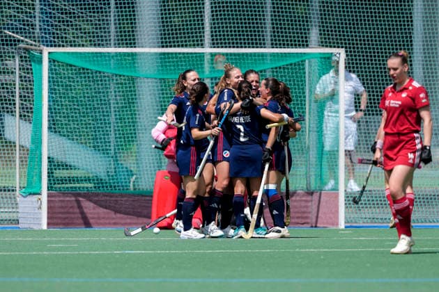 Players of Mannheimer HC MHC , celebrate the goal, celebrate the goal, goal, celebration, celebrate the goal, celebrate the goal, joy, joy, joyful, optimistic, positive, game scene, highlight, action, 24 05 2026, Mannheim Germany , Hockey, German Championship, Quarterfinals 3, Women, Mannheimer HC Rot Weiss Köln xozx