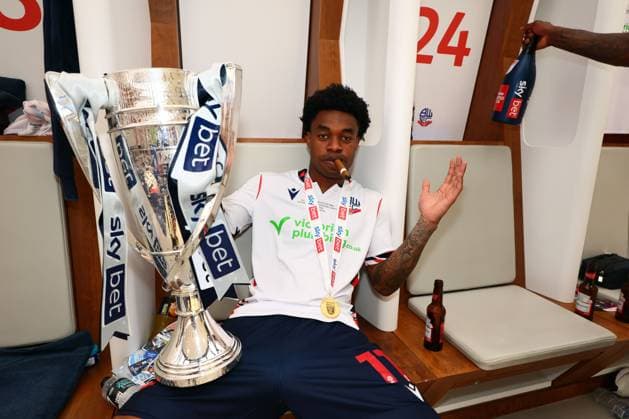 Thierry Gale of Bolton Wanderers celebrates in the changing room Bolton Wanderers v Stockport County, EFL Sky Bet League One, Play-Off Final, Football, Wembley Stadium, London, UK - 24 May 2026London Wembley Stadium United Kingdom EDITORIAL USE ONLY No use with unauthorised audio, video, data, fixture lists, club league logos or live services. Online in-match use limited to 120 images, no video emulation. No use in betting, games or single club league player publications. Copyright: xPaulxCurrie Shutterstockx 16889803or