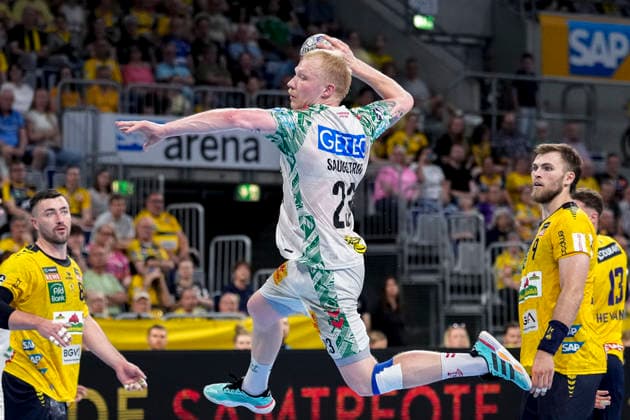 Magnus Saugstrup SCM, 23 , jump shot, throw, goal shot, action, action, game scene, 24 05 2026, Mannheim Germany , Handball, Bundesliga, Rhein Neckar Löwen SC Magdeburg xozx