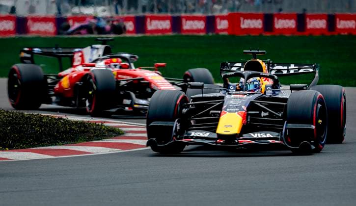 MONTREAL Formula 1 driver Max Verstappen of Oracle Red Bull Racing in a battle with Formula 1 driver Lewis Hamilton of Scuderia Ferrari HP during the Formula 1 Canada Race at the Circuit Gilles Villeneuve on May 24, 2026 in Montreal, Canada Photo by DeFodi Images