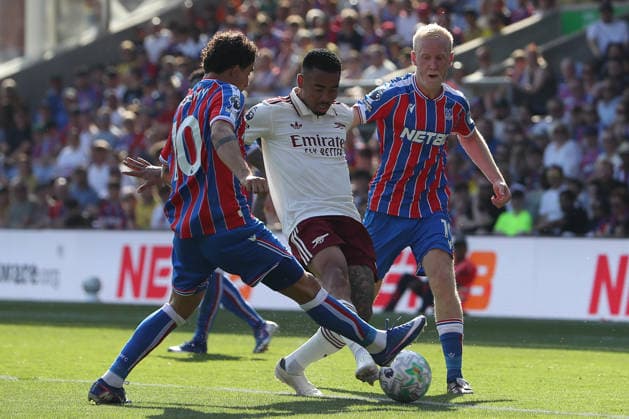 24th May 2026; Selhurst Park, Selhurst, London, England; Premier League Football, Crystal Palace versus Arsenal; Gabriel Jesus of Arsenal defended by Will Hughes and Yeremi Pino of Crystal Palace KatiexChan