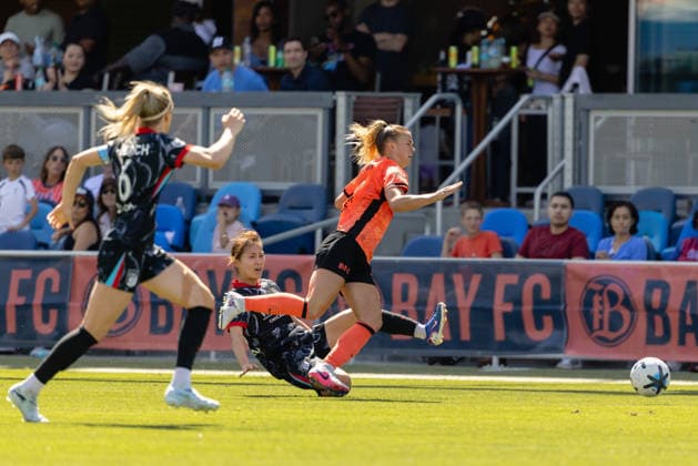 SAN JOSE, CA - MAY 24: Manaka Hayashi 16 of Chicago Stars FC makes contact with Claire Hutton 8 of Bay FC during a match on May 24, 2026 at PayPal Park in San Jose, CA. (Photo by Matthew Huang Icon Sportswire) SOCCER: MAY 24 NWSL Bay FC vs Chicago Stars EDITORIAL USE ONLY Icon260524016