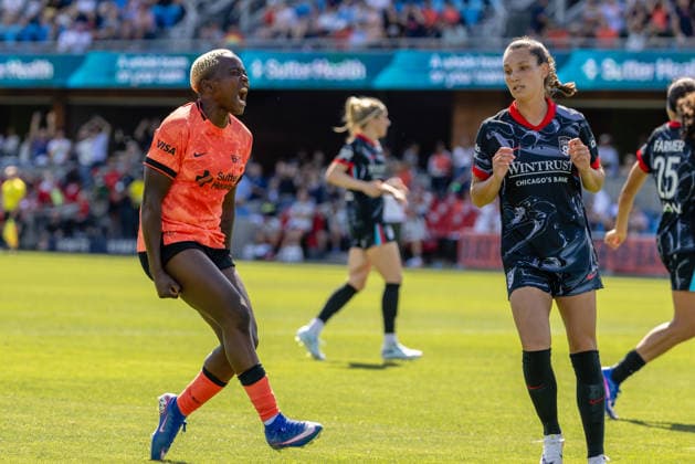 SAN JOSE, CA - MAY 24: Racheal Kundananji 9 of Bay FC reacts to a missed shot on goal during a match against Chicago Stars FC on May 24, 2026 at PayPal Park in San Jose, CA. (Photo by Matthew Huang Icon Sportswire) SOCCER: MAY 24 NWSL Bay FC vs Chicago Stars EDITORIAL USE ONLY Icon260524018