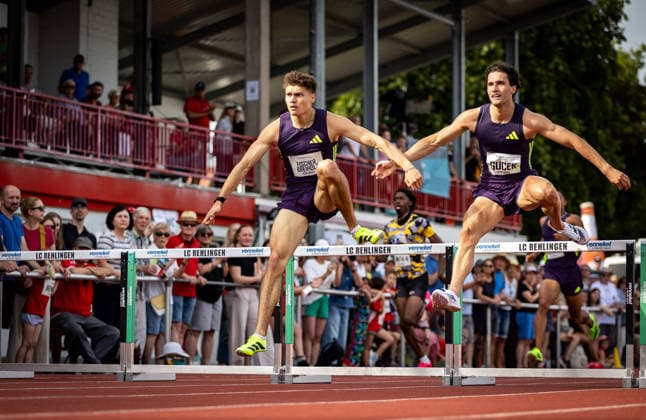 61 International Whitsun Sports Festival Rehlingen Siersburg, 24 05 2026 Thrilling mens 400m hurdles race with from left Owe Fischer Breiholz GER Königsteiner LV and Matic Ian Gucek SLO Slovenia 61 International Whitsun Sports Festival on 24 05 2026 in the Bungert Stadium in Rehlingen Siersburg Saarland Copyright: xBEAUTIFULxSPORTS R.xSchmittx