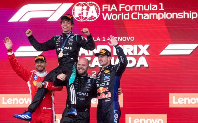 May 24, 2026, Montreal, Qc, CANADA: Winner Mercedes driver Kimi Antonelli of Italy is hoisted by second place Ferrari driver Lewis Hamilton of the United Kingdom, left, and Mercedes team senior composite technician Dean Hale, as third place Red Bull Racing driver Max Verstappen of the Netherlands, right, joins them following Formula One auto racing Canadian Grand Prix in Montreal on Sunday, May 24, 2026. Canada News - May 24, 2026 - ZUMAc35_ 20260524_zaf_c35_105 Copyright: xChristinnexMuschix
