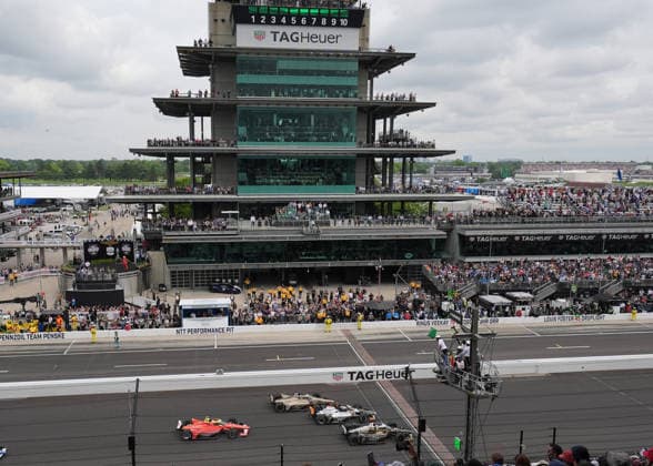 INDIANAPOLIS, IN - MAY 24: IndyCar, Indy Car, IRL, USA driver Marcus Armstrong (66) leads Felix Rosenqvist (60) and Pato O™Ward (5) and David Malukas (12) on a restart near the end of the 110th Running of the Indianapolis 500 on May 24, 2026, at the Indianapolis Motor Speedway in Indianapolis, Indiana. (Photo by Brian Spurlock Icon Sportswire) AUTO: MAY 24 NTT IndyCar Series Indianapolis 500 presented by Gainbridge EDITORIAL USE ONLY Icon26052450055