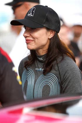 CHARLOTTE, NC - MAY 24: Katherine Legge ( 78 Live Fast Motorsports e.l.f. Cosmetics Chevrolet) talks with a member of her race team while wearing a hat honoring the late Kyle Busch prior to the running of the NASCAR, Motorsport, USA Cup Series Coca-Cola 600 on May 24, 2026 at Charlotte Motor Speedway in Charlotte, NC. (Photo by Jeff Robinson Icon Sportswire) AUTO: MAY 24 NASCAR Cup Series Coca-Cola 600 EDITORIAL USE ONLY Icon2605247964600