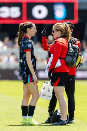 SAN JOSE, CA - MAY 24: Ryan Gareis 24 of Chicago Stars FC gets medical attention during a match against Bay FC on May 24, 2026 at PayPal Park in San Jose, CA. (Photo by Matthew Huang Icon Sportswire) SOCCER: MAY 24 NWSL Bay FC vs Chicago Stars EDITORIAL USE ONLY Icon260524054