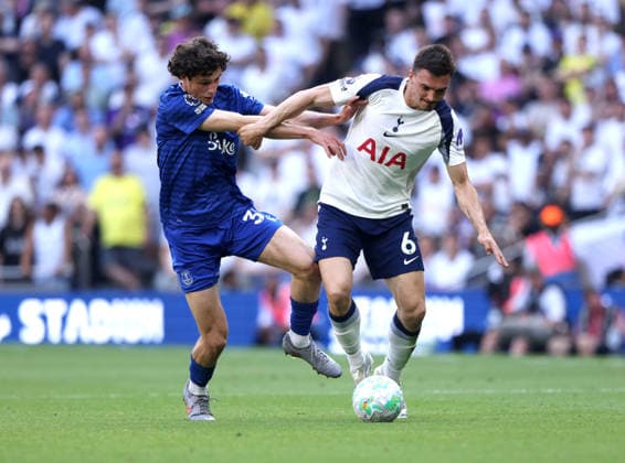 Merlin Rohl (E) Joao Palhinha (TH) at the Tottenham Hotspur v Everton EPL match, at the Tottenham Hotspur Stadium, London, UK on 24th May, 2026. 