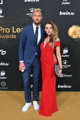 Ruben Van Gucht and Valentine Besard pictured on the Golden Carpet at the arrival for the Pro League Awards 2026, for the best players in the 1st and 2nd divisions of the 2025-2026 Belgian soccer championships, on Monday 25 May 2026, in Antwerp. EMILExWINDAL  x175038165x