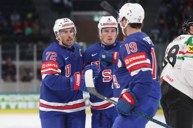 25 05 2026 Swiss Life Arena Zurich , SWITZERLAND, Mens Ice Hockey IIHF World Championship Zurich 2026 Group A USA HUN Goal celebration Justin Faulk, Ryan Leonard and Matthew Tkachuk USA