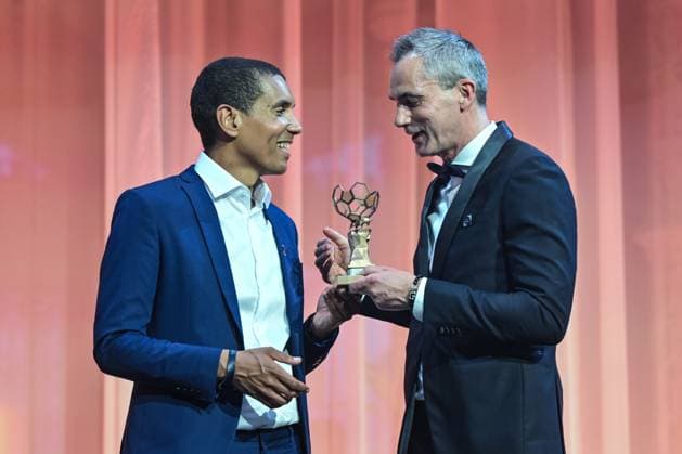 Stijn Van Bever and Loryn Parijs pictured during the Pro League Awards 2026, for the best players in the 1st and 2nd divisions of the 2025-2026 Belgian soccer championships, on Monday 25 May 2026, in Antwerp. EMILExWINDAL  x175050345x