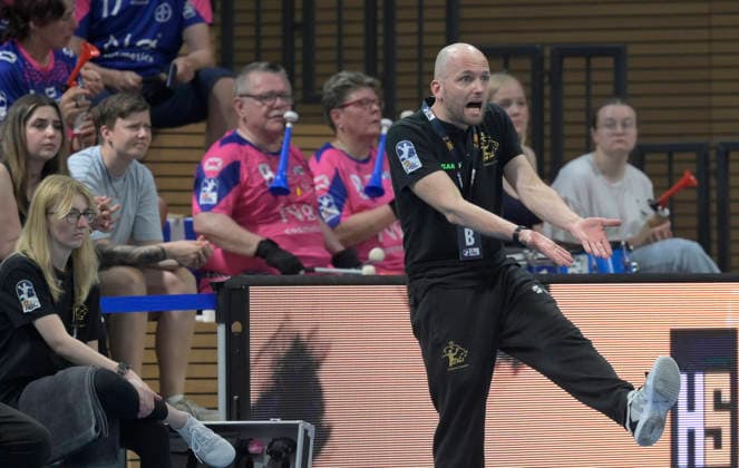 25 05 2026, Dresden coach André Haber gestures, Handball, 2 Bundesliga, HC ELbflorenz Dresden TSV Bayer Dormagen, c Dresden
