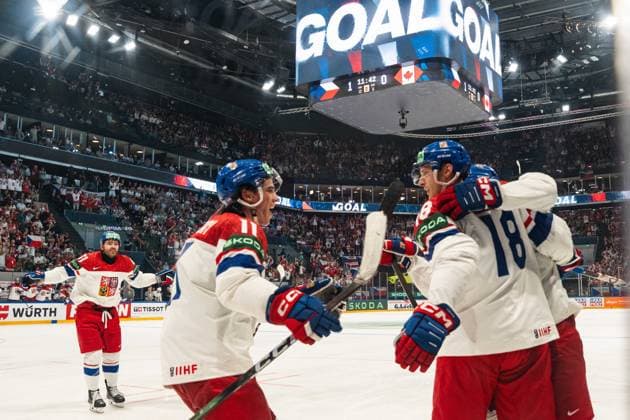 FRIBOURG, FRIBOURG - MAY 26: Czech Republic players celebrate during the 2026 IIHF World Championship, WM, Weltmeisterschaft match between Czech Republic and Canada at BCF Arena on May 26, 2026 in Fribourg, Fribourg, Switzerland. Copyright: xLivioxBaeriswylx xSPPx Sportspressphoto_SPR154965