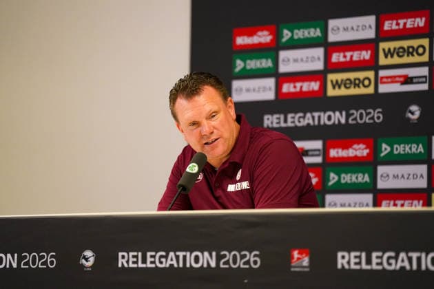Germany Soccer 2 Bundesliga Relegation 2025 2026 SpVgg Greuther Fürth vs Rot Weiss Essen Sportpark Ronhof I Thomas Sommer Fürth Uwe Koschinat Coach, Rot Weiss Essen Press conference, Media Copyright: xJOERANxSTEINSIEKx