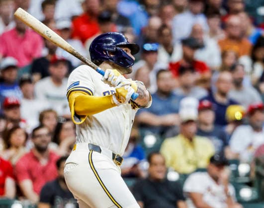 Milwaukee Brewers center fielder Garrett Mitchell hits a three RBI home run in the fifth inning of the MLB, Baseball Herren, USA game between the St. Louis Cardinals and the Milwaukee Brewers at American Family Field in Milwaukee, Wisconsin on Tuesday, May 26, 2026.  MIL20260526819 TANNENxMAURY
