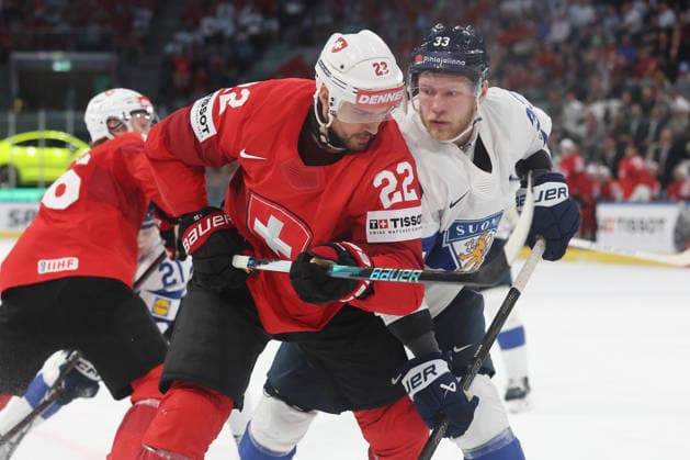 26 05 2026 Swiss Life Arena Zurich , SWITZERLAND, Mens Ice Hockey IIHF World Championship Zurich 2026 Group A SUI FIN Nino Nierreiter SUI vs Nikolas Matinpalo FIN