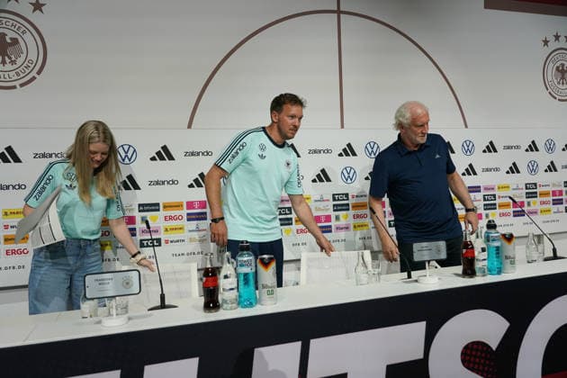 National coach Julian Nagelsmann and sports director Rudi Völler Germany Germany come to the press conference room Herzo Base 27 05 2026 German national team, training camp for World Cup preparation, Home Ground, HerzoBase, World of Adidas, Herzogenaurach