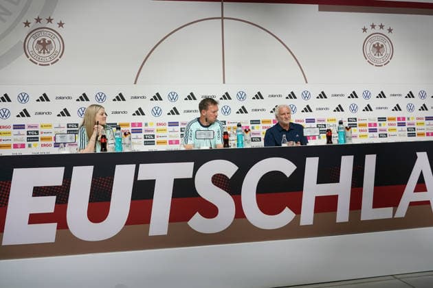 National coach Julian Nagelsmann and sports director Rudi Völler Germany Germany at the opening press conference of the World Cup training camp Herzo Base 27 05 2026 German national team, training camp for World Cup preparation, Home Ground, HerzoBase, World of Adidas, Herzogenaurach