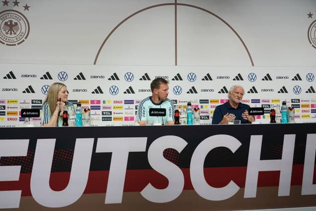 National coach Julian Nagelsmann and sports director Rudi Völler Germany Germany at the opening press conference of the World Cup training camp Herzo Base 27 05 2026 German national team, training camp for World Cup preparation, Home Ground, HerzoBase, World of Adidas, Herzogenaurach
