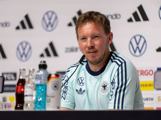 27 05 2026, Football DFB national team Germany, training camp before the World Cup, kick-off press conference in the HALFTIME media center at ADIDAS, in Herzogenaurach At the podium, sports director coach Julian Nagelsmann Germany answers questions from journalists