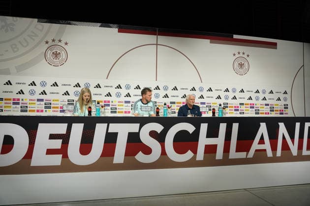 National coach Julian Nagelsmann and sports director Rudi Völler Germany Germany at the opening press conference of the World Cup training camp Herzo Base 27 05 2026 German national team, training camp for World Cup preparation, Home Ground, HerzoBase, World of Adidas, Herzogenaurach