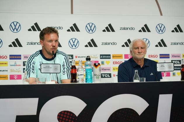 National coach Julian Nagelsmann and sports director Rudi Völler Germany Germany at the opening press conference of the World Cup training camp Herzo Base 27 05 2026 German national team, training camp for World Cup preparation, Home Ground, HerzoBase, World of Adidas, Herzogenaurach
