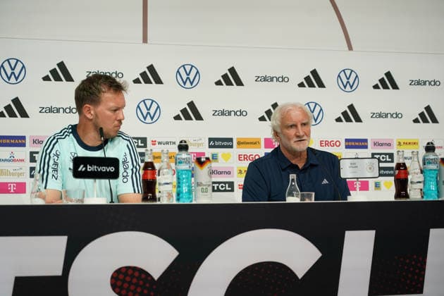 National coach Julian Nagelsmann and sports director Rudi Völler Germany Germany at the opening press conference of the World Cup training camp Herzo Base 27 05 2026 German national team, training camp for World Cup preparation, Home Ground, HerzoBase, World of Adidas, Herzogenaurach