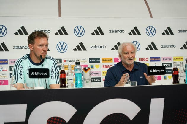 National coach Julian Nagelsmann and sports director Rudi Völler Germany Germany at the opening press conference of the World Cup training camp Herzo Base 27 05 2026 German national team, training camp for World Cup preparation, Home Ground, HerzoBase, World of Adidas, Herzogenaurach