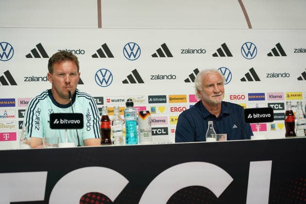 National coach Julian Nagelsmann and sports director Rudi Völler Germany Germany at the opening press conference of the World Cup training camp Herzo Base 27 05 2026 German national team, training camp for World Cup preparation, Home Ground, HerzoBase, World of Adidas, Herzogenaurach