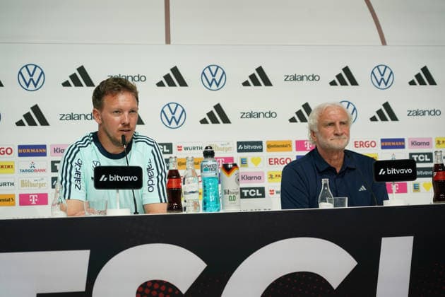 National coach Julian Nagelsmann and sports director Rudi Völler Germany Germany at the opening press conference of the World Cup training camp Herzo Base 27 05 2026 German national team, training camp for World Cup preparation, Home Ground, HerzoBase, World of Adidas, Herzogenaurach