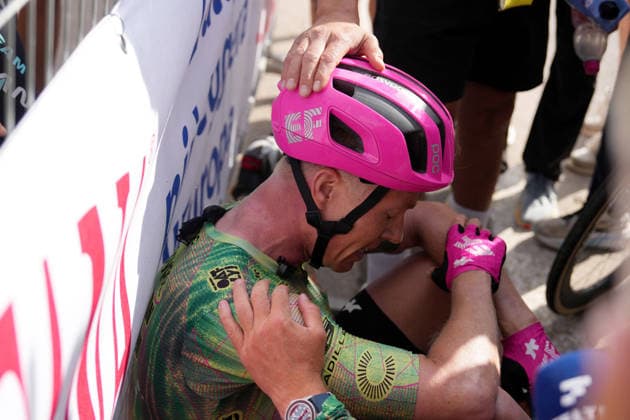 Denmark™s Michael Valgren of EF Education - Easypost react after win the stage Stage 17 of the Giro d™Italia, from Cassano d™Adda to Andalo, Italy, Wednesday, May 27, 2026.  Copyright: xSimonexSpada LaPressex