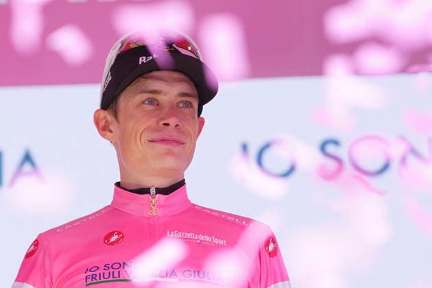 The pink jersey Denmark™s Jonas Vingegaard Hansen of Team Visma Lease A Bike celebrate on the podium after the Stage 17 of the Giro d™Italia, from Cassano d™Adda to Andalo, Italy, Wednesday, May 27, 2026.  Copyright: xSimonexSpada LaPressex