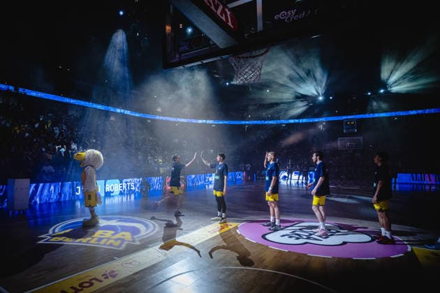 Basketball Berlin 27 05 2026 Season 2025 2026 EasyCredit BBL 1 Bundesliga Men, Men Playoffs Quarterfinals Game 5 Alba Berlin RASTA Vechta Team introduction Alba Moses Wood Alba Berlin, No 11 Alex O Connell Alba Berlin, No 03