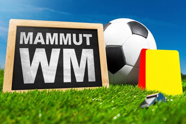 FOTOMONTAGE, Die Aufschrift Mammut WM neben Fußball und Schiedsrichterkarten symbolisiert die enorme Größe der WM 2026 mit 48 Teams, 104 Spielen und drei Gastgeberländern.