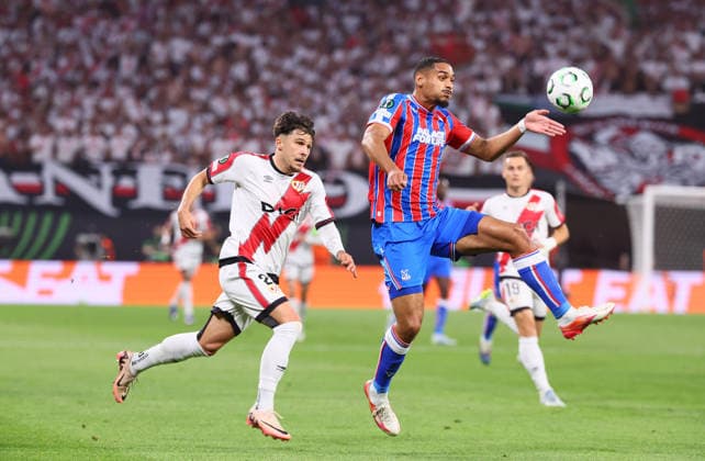 Crystal Palace Rayo Vallecano Final Conference League Leipzig, 27 05 2026, Leipzig Stadium, Football, Final UEFA Conference League , Crystal Palace FC ENG vs Rayo Vallecano de Madrid ESP , In the picture from left Andrei Ratiu 2, Vallecano and Maxence Lacroix 5, Palace , For editorial use only Only editorial use , UEFA regulations prohibit any use of photographs as image sequences and or quasi video ,