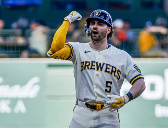 Milwaukee Brewers center fielder Garrett Mitchell reacts after hitting a double to break up a no hitter by St. Louis Cardinals starting pitcher Dustin May in the eighth inning of the MLB, Baseball Herren, USA game between the St. Louis Cardinals and the Milwaukee Brewers at American Family Field in Milwaukee, Wisconsin on Wednesday, May 27, 2026. The Brewers defeated the Cardinals 2-1.  MIL20260527823 TANNENxMAURY