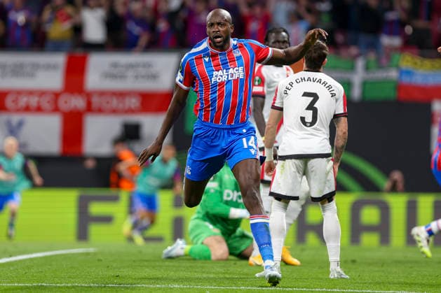27 05 2026, EUR, Football, Men, Conference League Final, Season 2025 2026, Crytsal Palace F C Rayo Vallecano de Madrid Jean Philippe Mateta Crystal Palace, 14 goal celebration, cheers after his goal for 1 0 Leipzig Leipzig Stadium Saxony Germany Copyright: xAdrianxSchlüterx